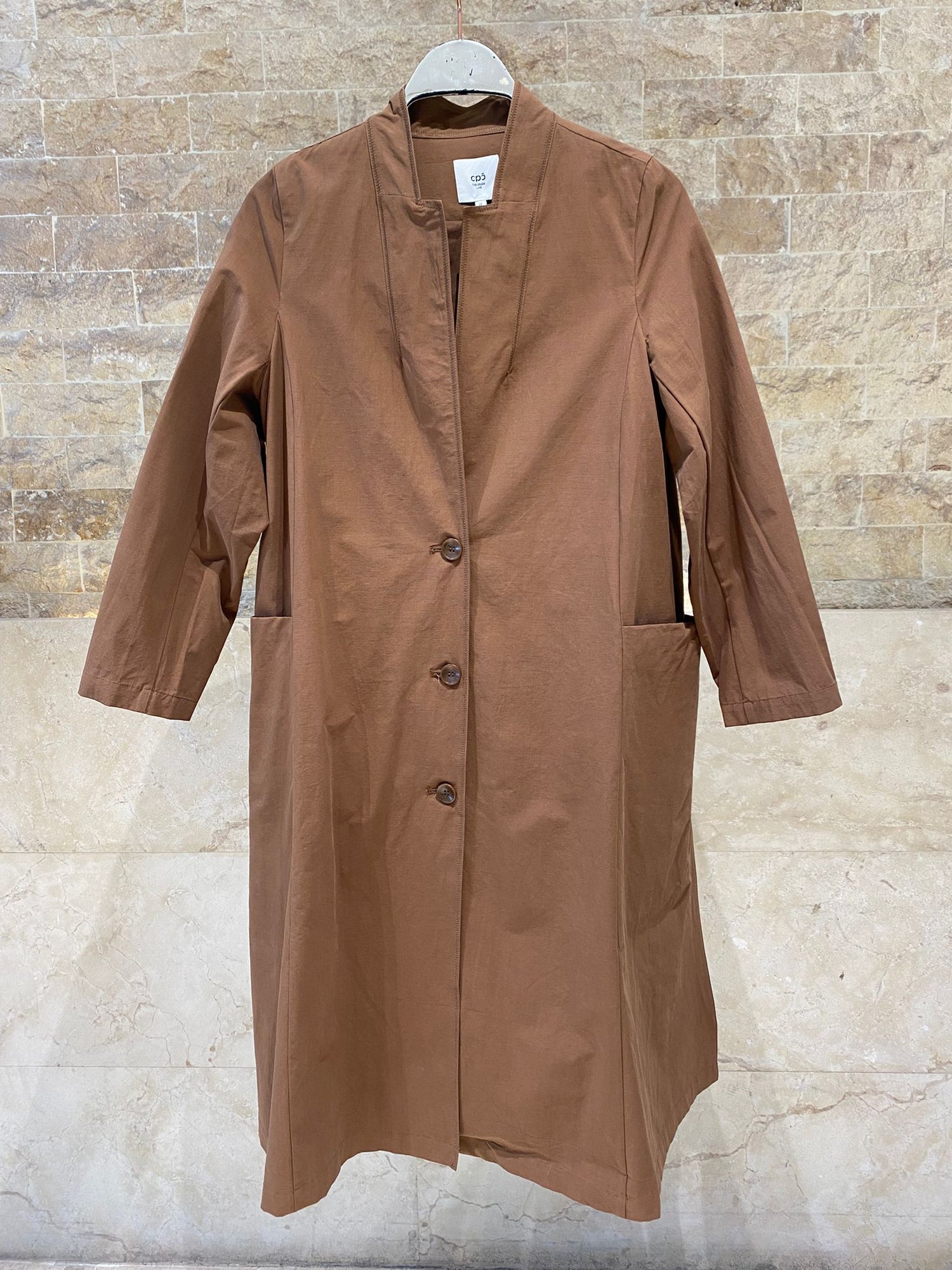 26S-5058 Stand Collared Long Coat Dress - Brown Loft