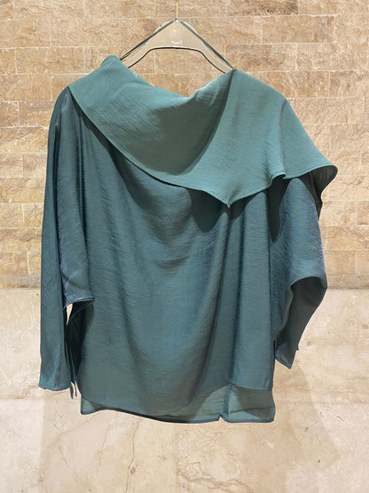 26SS-BC4055 Cowl Neckline Flowing Asymmetric Draped Top - Brown Loft