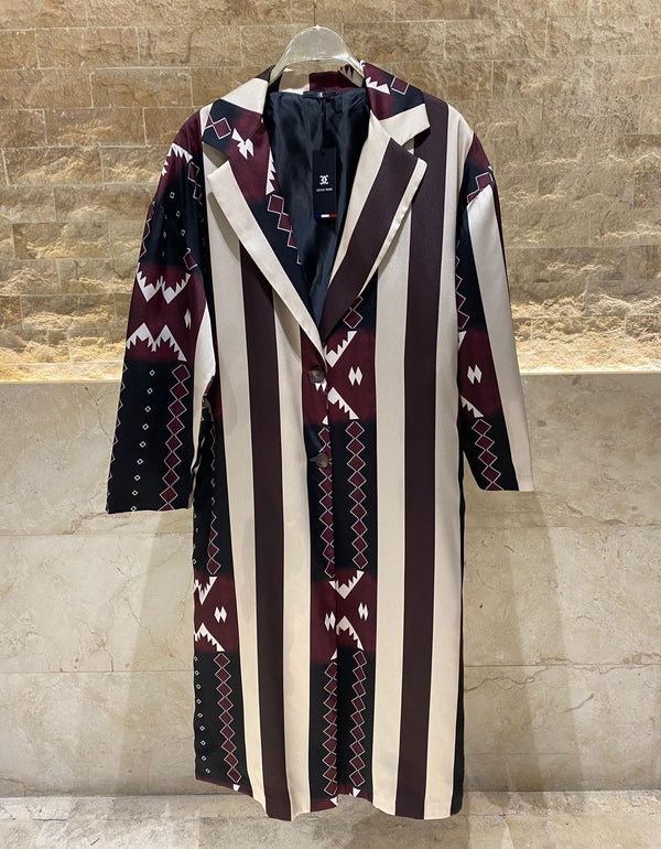 288F000434 Striped and Printed Satin Oversized Coat معطف ساتان مخطط ومطبوع مقاس كبير