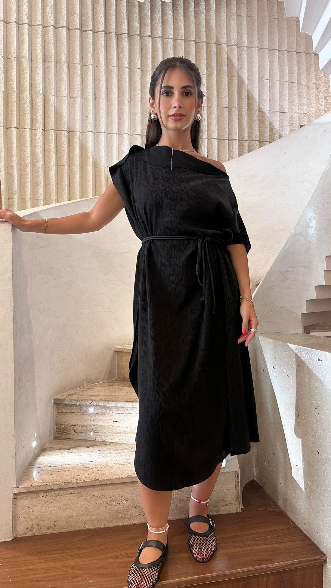 25S-3015 Collared Boat Neckline Loose Tencel Dress - Brown Loft