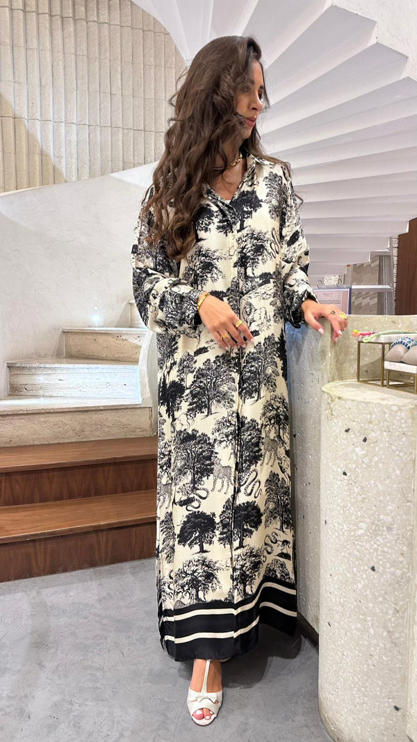 KD6255VS  Safari Print Oversized Satin Long Dressفستان طويل من الساتان بطبعات سفاري