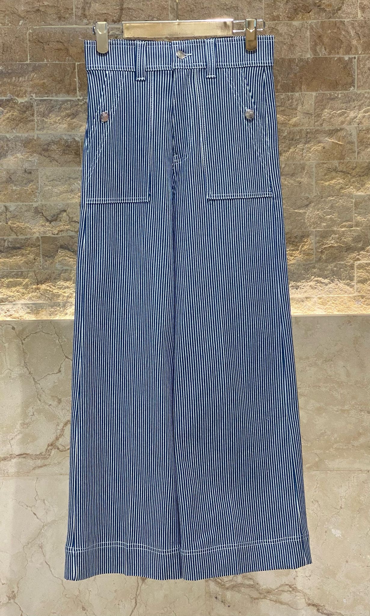 32118 Buttoned Zippered Blue Striped Denim Pants - Brown Loft