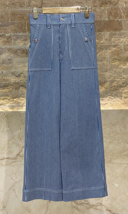32118 Buttoned Zippered Blue Striped Denim Pants - Brown Loft