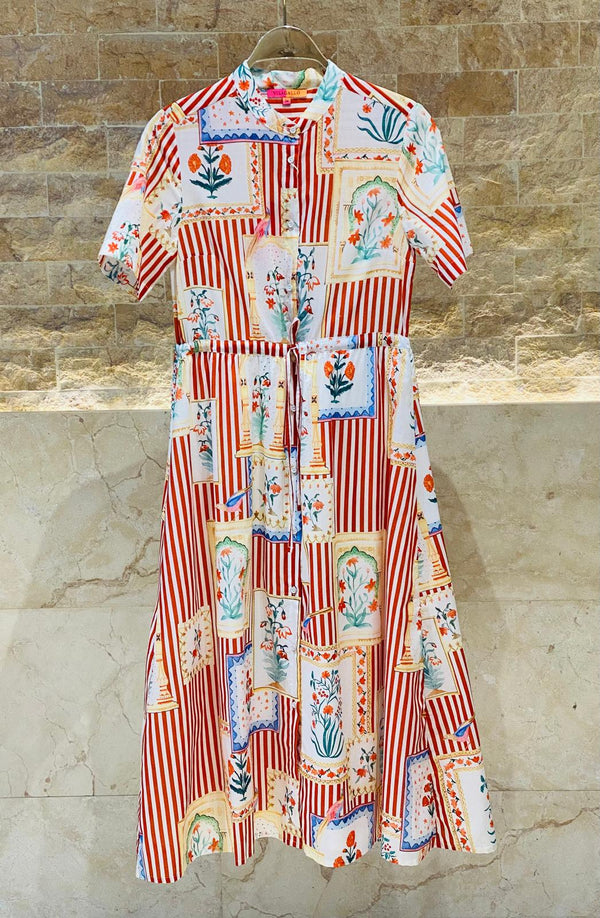 Striped Midi Dress with Flower Patches - 32275