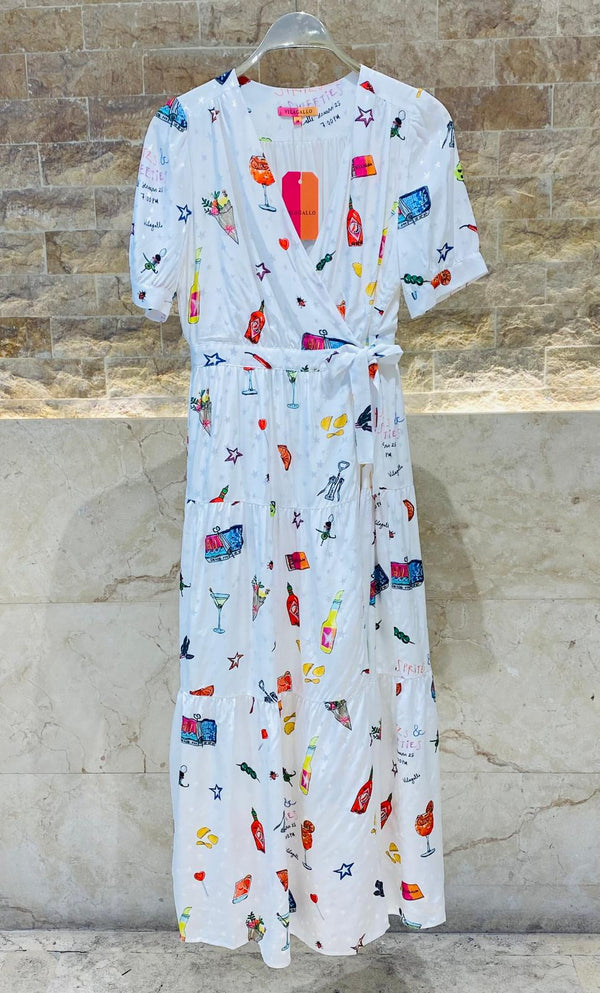 V Neck Crossover Printed Long Dress - 32346
