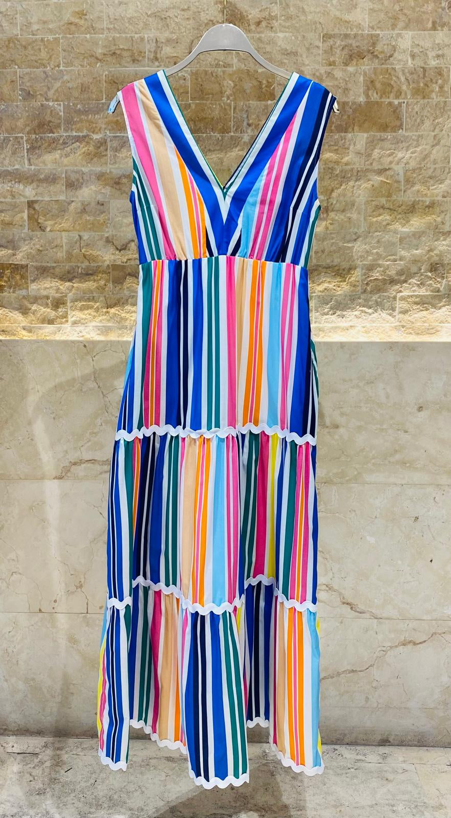 32378 Colorful Striped Sleeveless Long Dress - Brown Loft