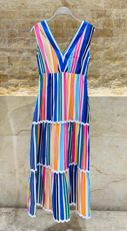 32378 Colorful Striped Sleeveless Long Dress - Brown Loft