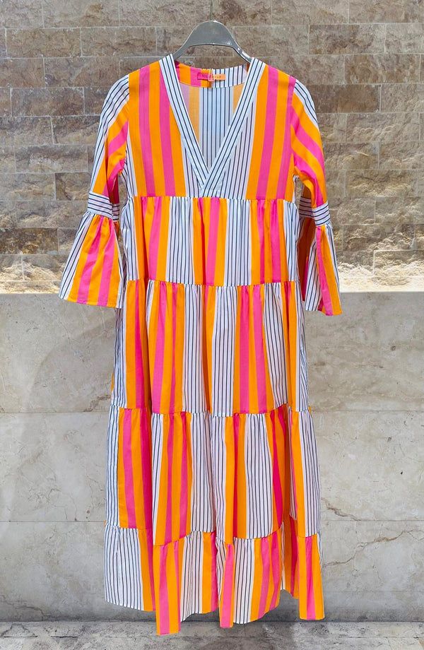 V Neck Tiered Flared Striped Long Dress - 32386