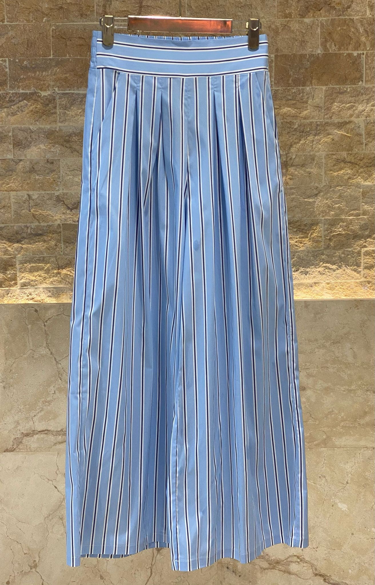 Blue Striped Cotton Palazzo Pants - Brown Loft
