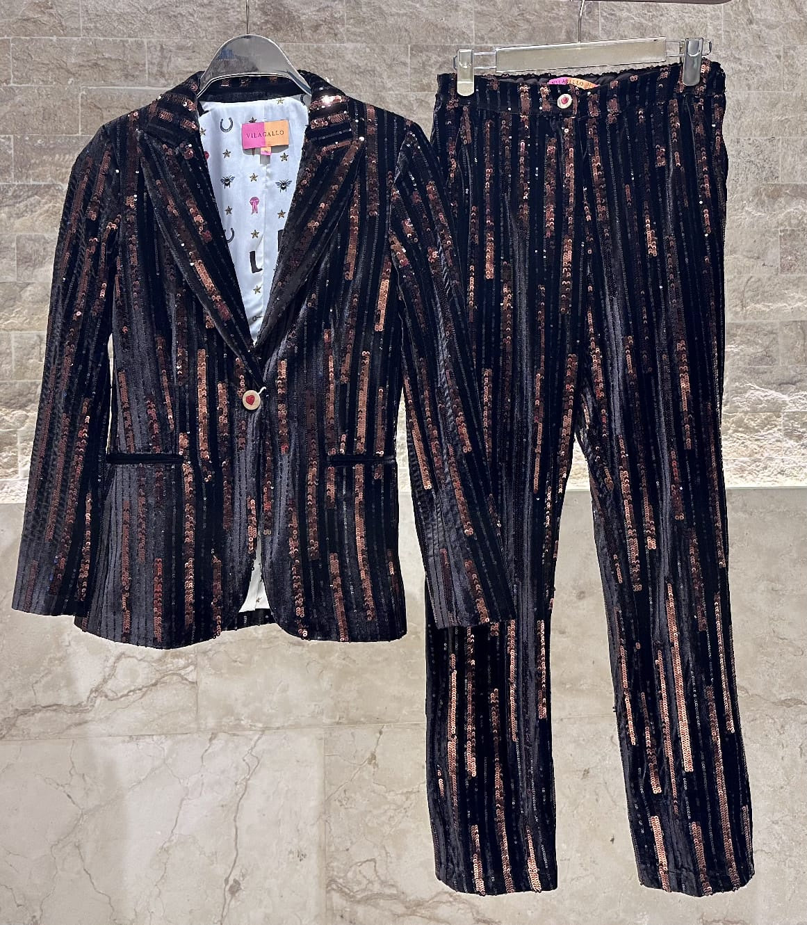 32634/32647 Brown Velvet Sequin Embellished Jacket and Straight Leg Pants - Brown Loft