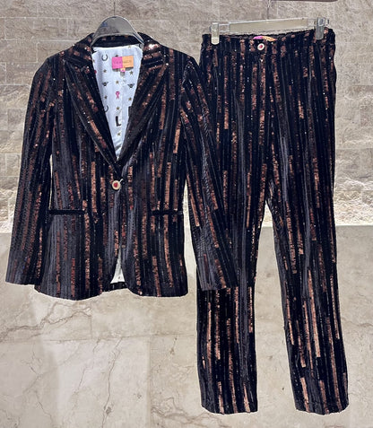 32634/32647 Brown Velvet Sequin Embellished Jacket and Straight Leg Pants - Brown Loft