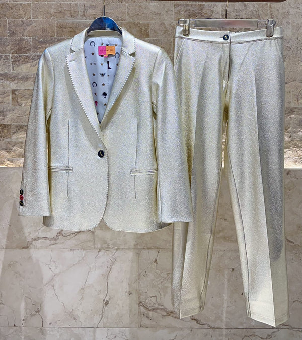 32644/32648 جاكيت لامع كلاسيكي بياقة مدببة وبنطلون مستقيم بطول الكاحل