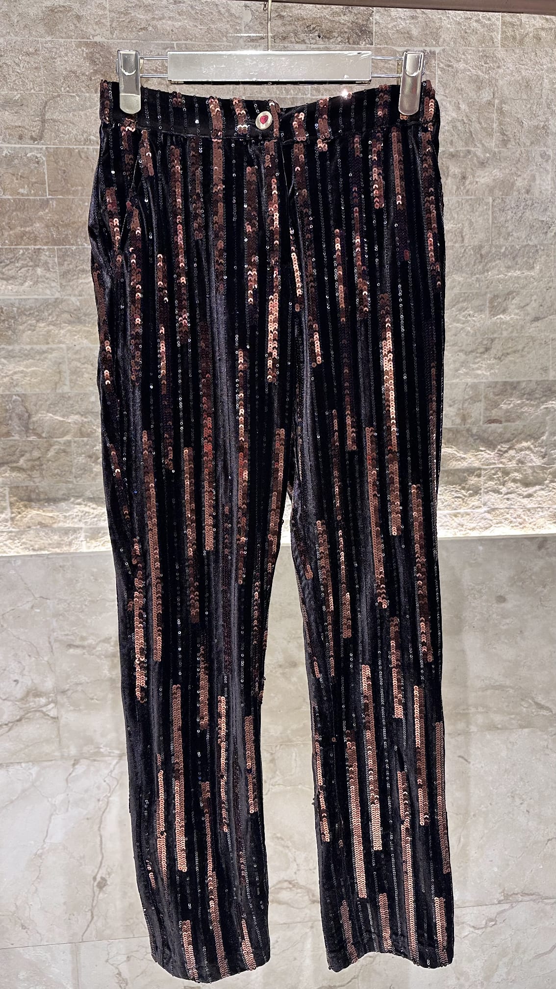 32634/32647 Brown Velvet Sequin Embellished Jacket and Straight Leg Pants - Brown Loft