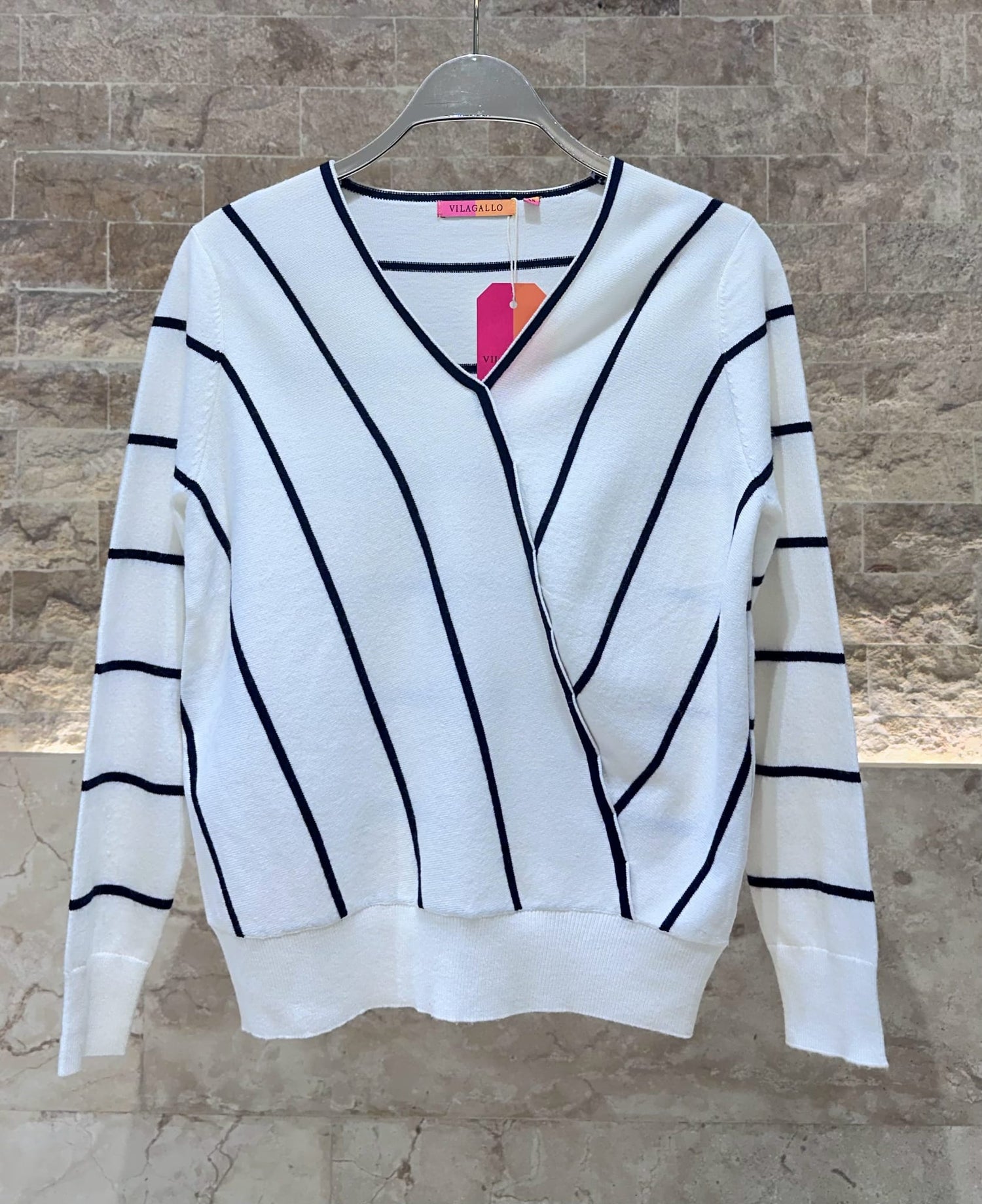 32896 V Neck Navy Striped Knitwear Top - Brown Loft
