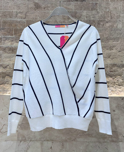 32896 V Neck Navy Striped Knitwear Top - Brown Loft