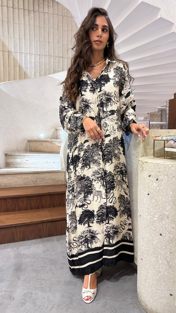 KD6255VS  Safari Print Oversized Satin Long Dressفستان طويل من الساتان بطبعات سفاري