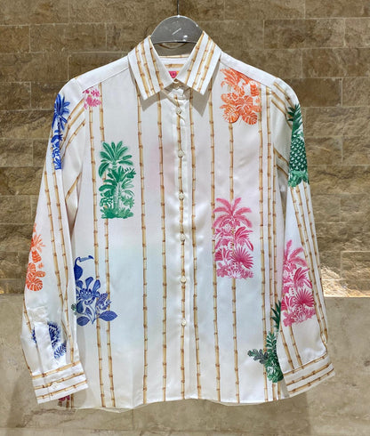 33647 Colorful Tropical Illustrations Shirt قميص برسومات استوائية ملونة - Brown Loft