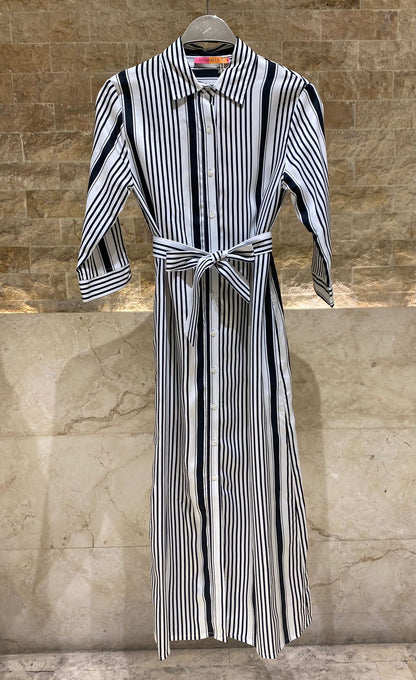 33649 Striped Midi Shirt Dress فستان قميص مخطط متوسط الطول - Brown Loft