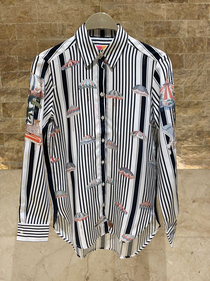 33651 Striped Long Back Shirt قميص مخطط طويل الظهر - Brown Loft
