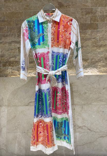 33656 Patchwork Print Long Dress فستان طويل مطبوع بنقشة مرقعة - Brown Loft