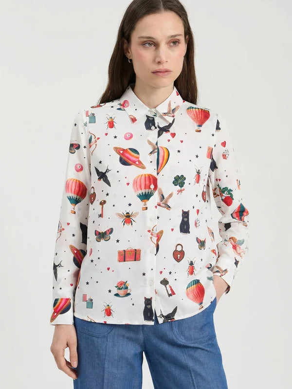 White Silk Shirt With Cupid Print 33900