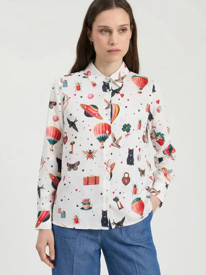 White Silk Shirt With Cupid Print 33900