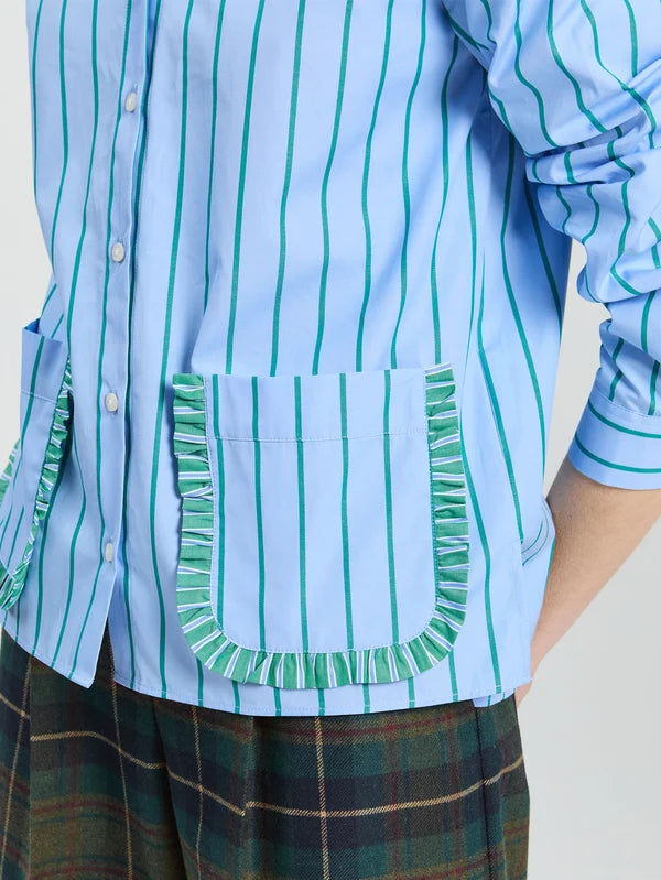 33902 Green Striped Shirt With Ruffle Pockets