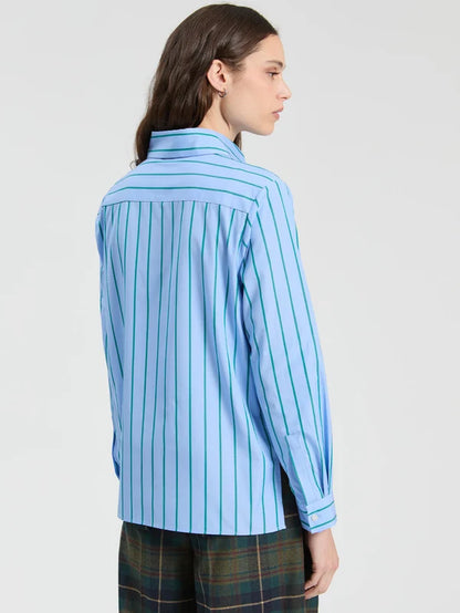 33902 Green Striped Shirt With Ruffle Pockets