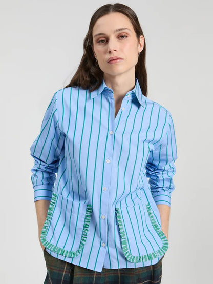 33902 Green Striped Shirt With Ruffle Pockets