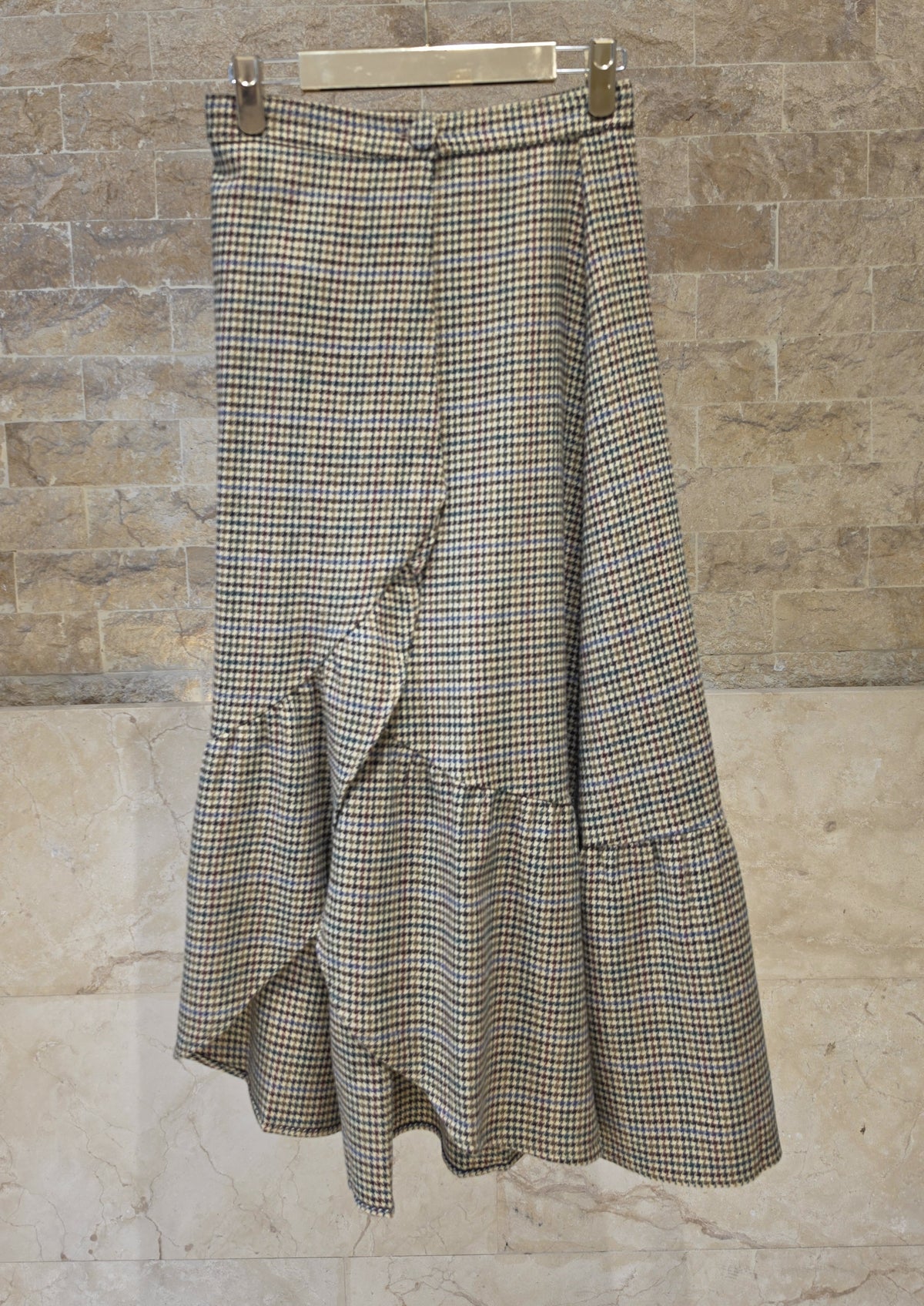 34009 Camel and Black Plaid Midi Skirt