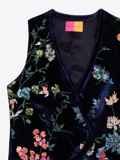 Navy Velvet Vest With Embroidered Flowers 34016