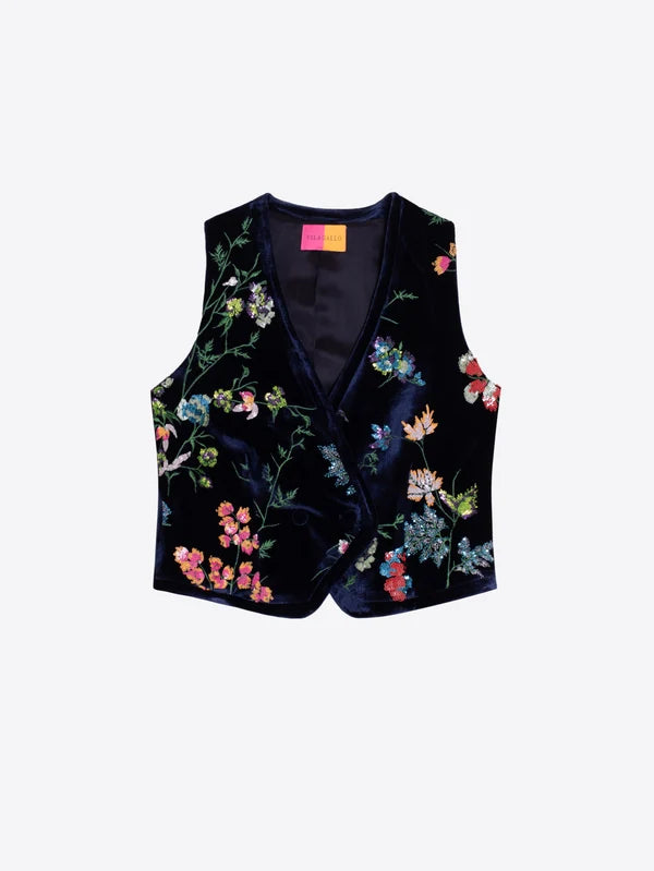 Navy Velvet Vest With Embroidered Flowers 34016