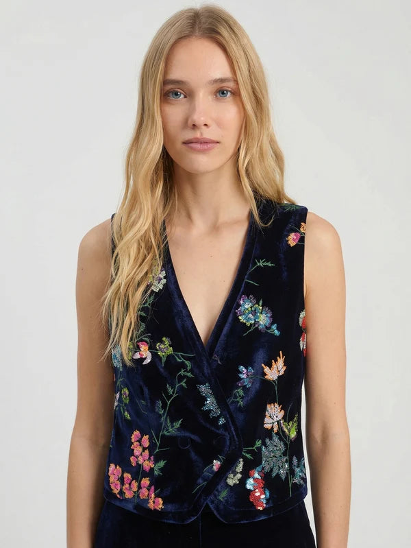 Navy Velvet Vest With Embroidered Flowers 34016