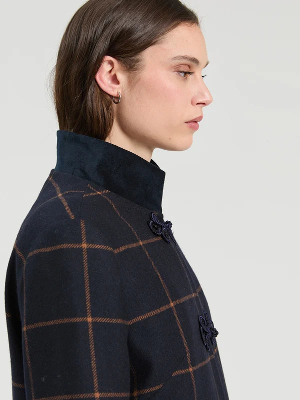 Navy Plaid Wool Duffle Coat 34031