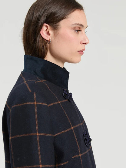 Navy Plaid Wool Duffle Coat 34031