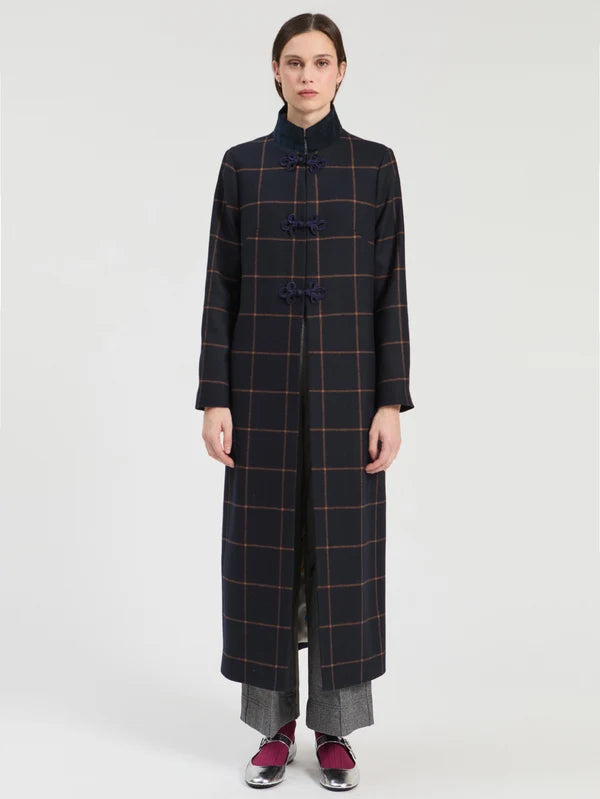 Navy Plaid Wool Duffle Coat 34031