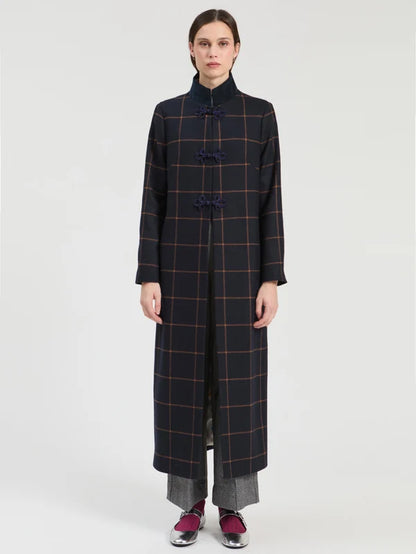 Navy Plaid Wool Duffle Coat 34031