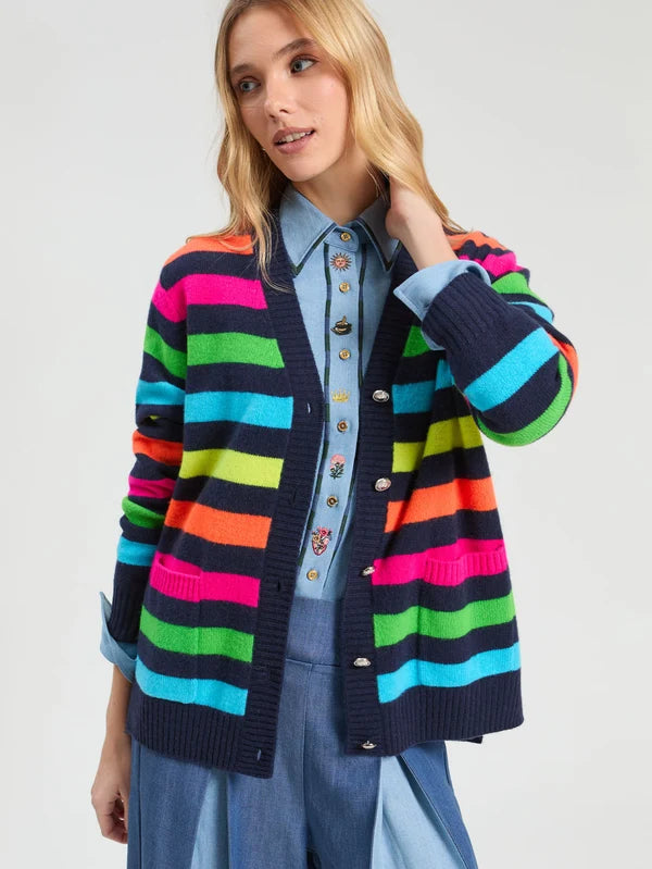 34129 Navy Multicolor Striped Cardigan
