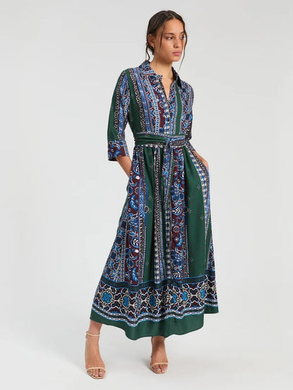 Long Dress with Friezes and Blue Flowers 34168