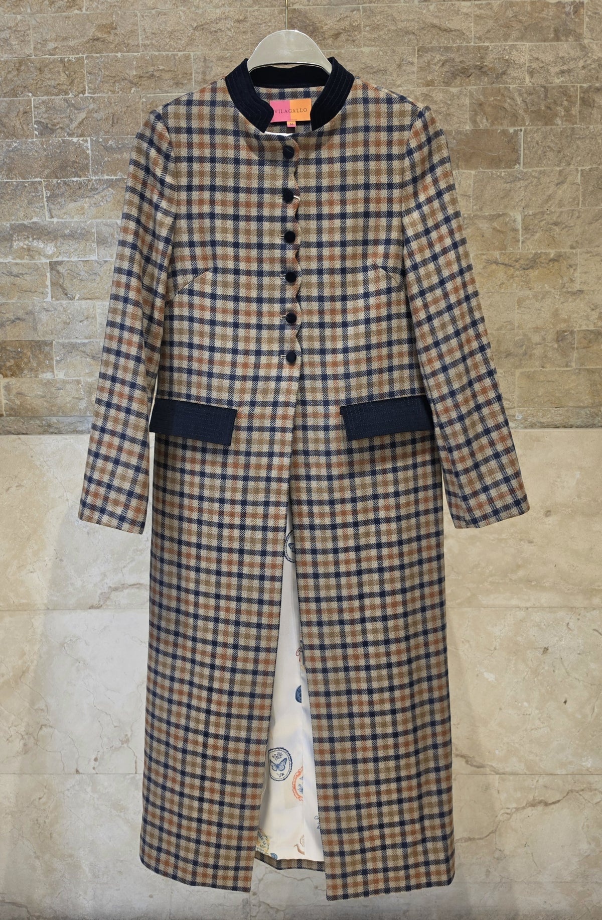34178 Long Plaid Coat in Tile and Navy