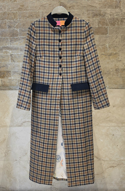 34178 Long Plaid Coat in Tile and Navy