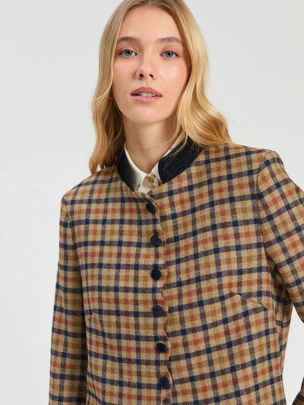 34178 Long Plaid Coat in Tile and Navy