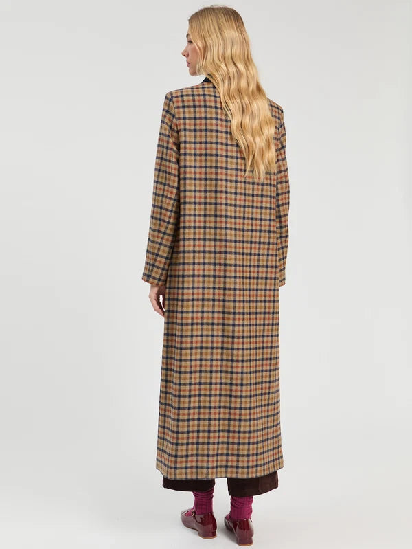 34178 Long Plaid Coat in Tile and Navy
