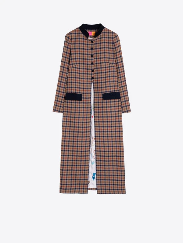 34178 Long Plaid Coat in Tile and Navy