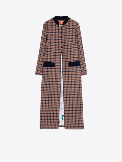 34178 Long Plaid Coat in Tile and Navy