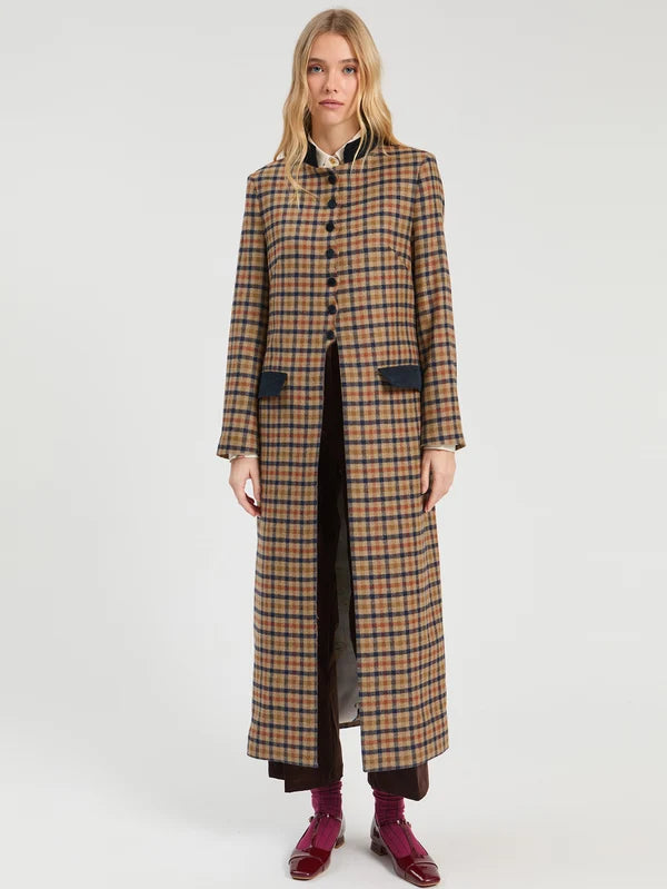 34178 Long Plaid Coat in Tile and Navy