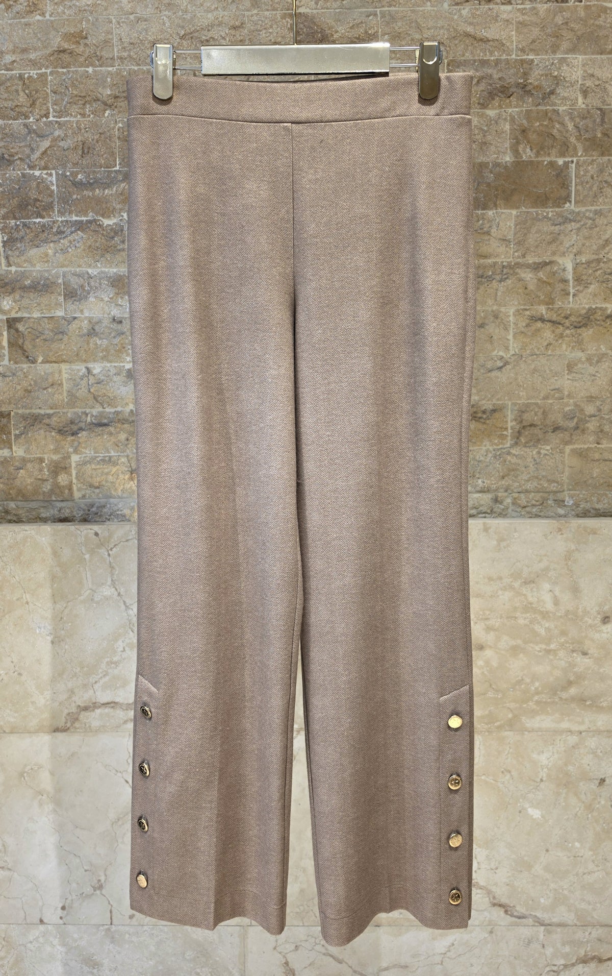 34182 Herringbone Beige Trousers With Side Buttons