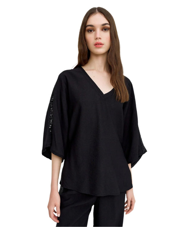 43-2271 (V Neck Sequin Shoulder Top) أعلى الكتف الترتر الرقبة الخامس