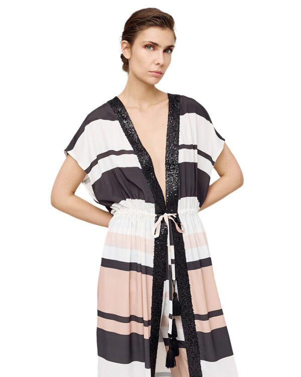 43-3306 (Oversized Striped Kimono with Sequins) كيمونو مخطط كبير الحجم مع الترتر