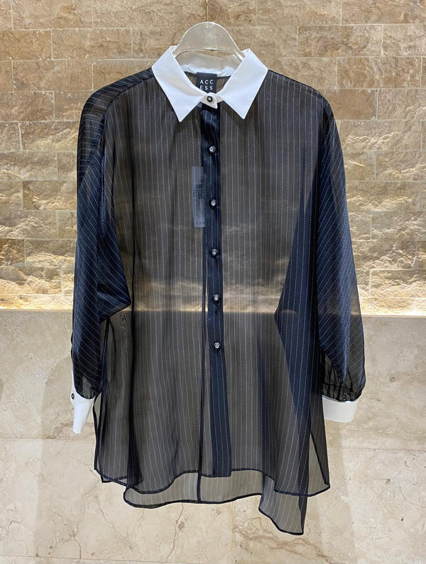 44-7008 Semi Transparent Striped Shirt قميص مخطط شبه شفاف